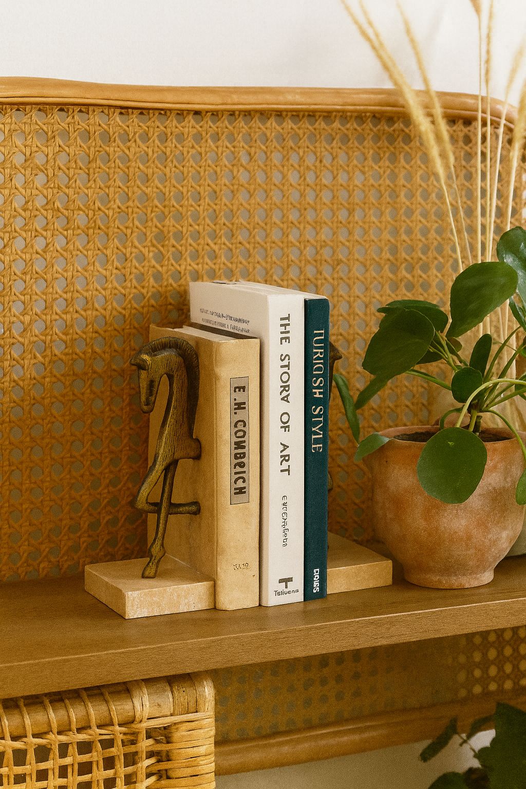 Brass Horse Bookends on Travertine