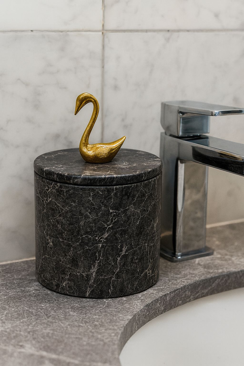 Black Marble Canister with Gold Swan Lid