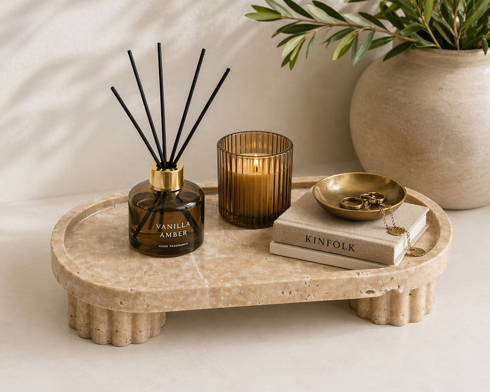 Travertine Oval Tray with Fluted Feet