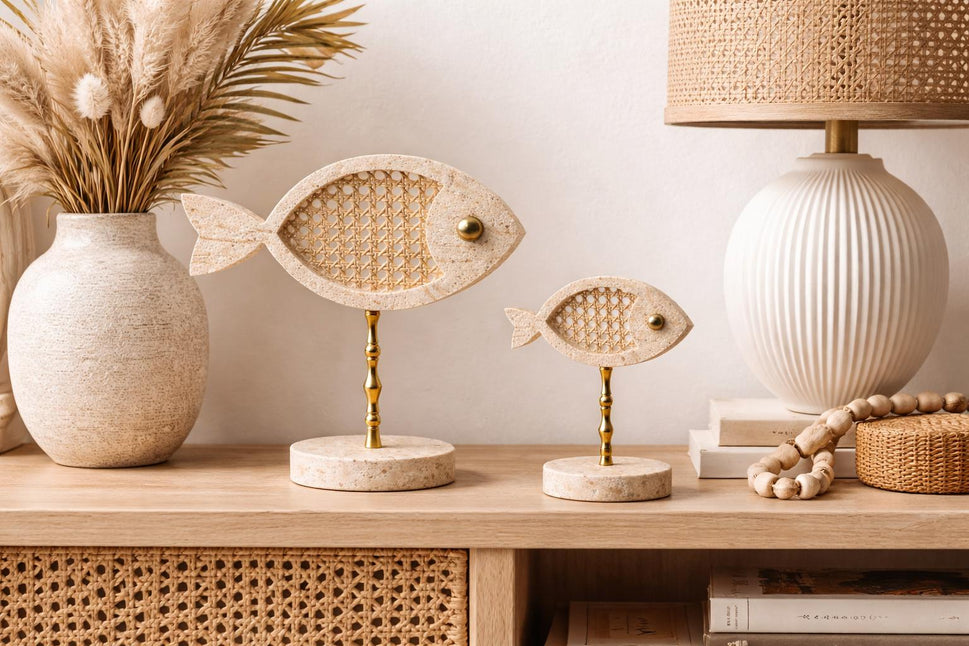 Travertine Fish Pair with Rattan Inlay on Brass Stand