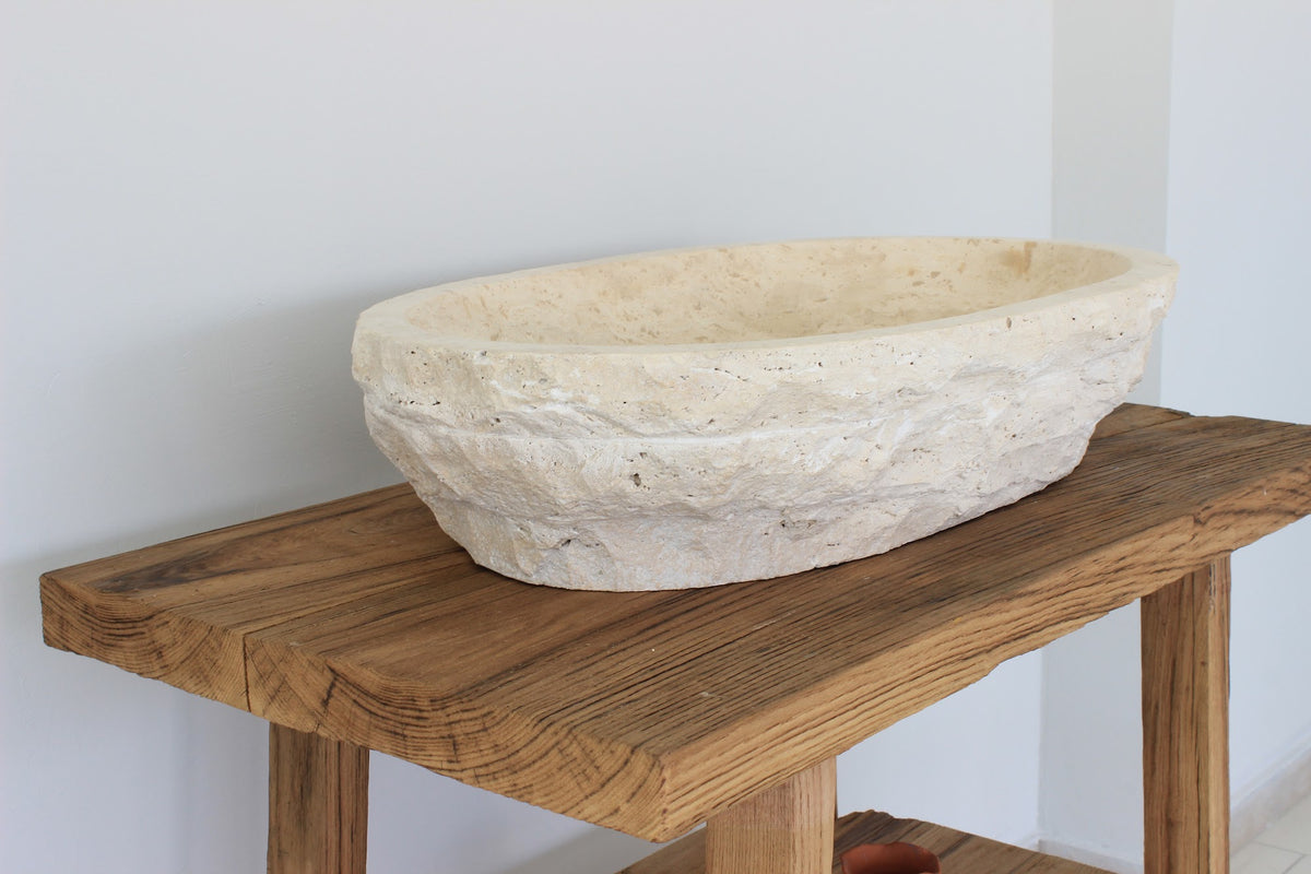 Solid Travertine Oval Vessel Sink - Hand-Chiseled Raw Exterior Basin