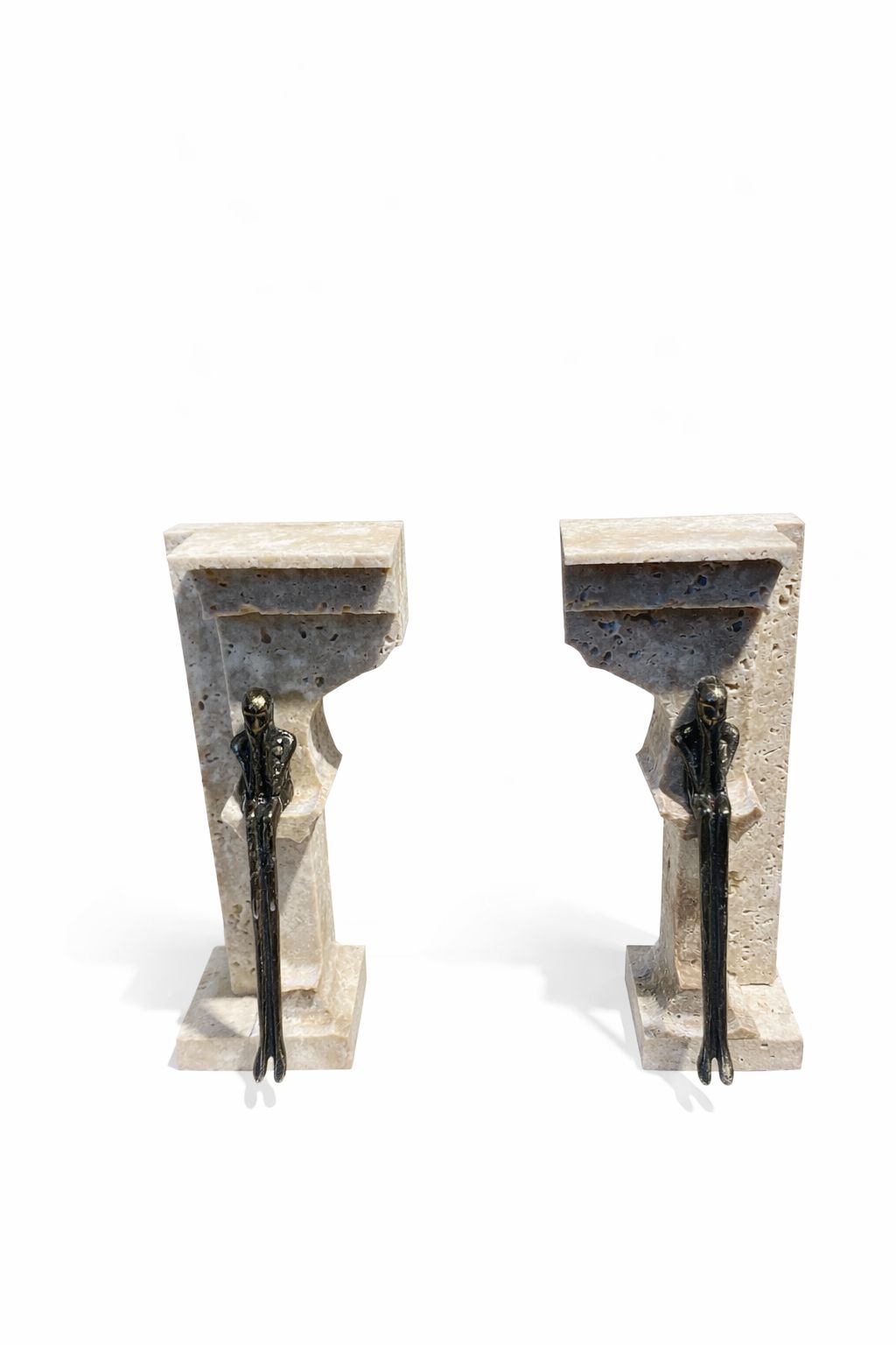 Travertine Corbel Bookends with Brass Figures
