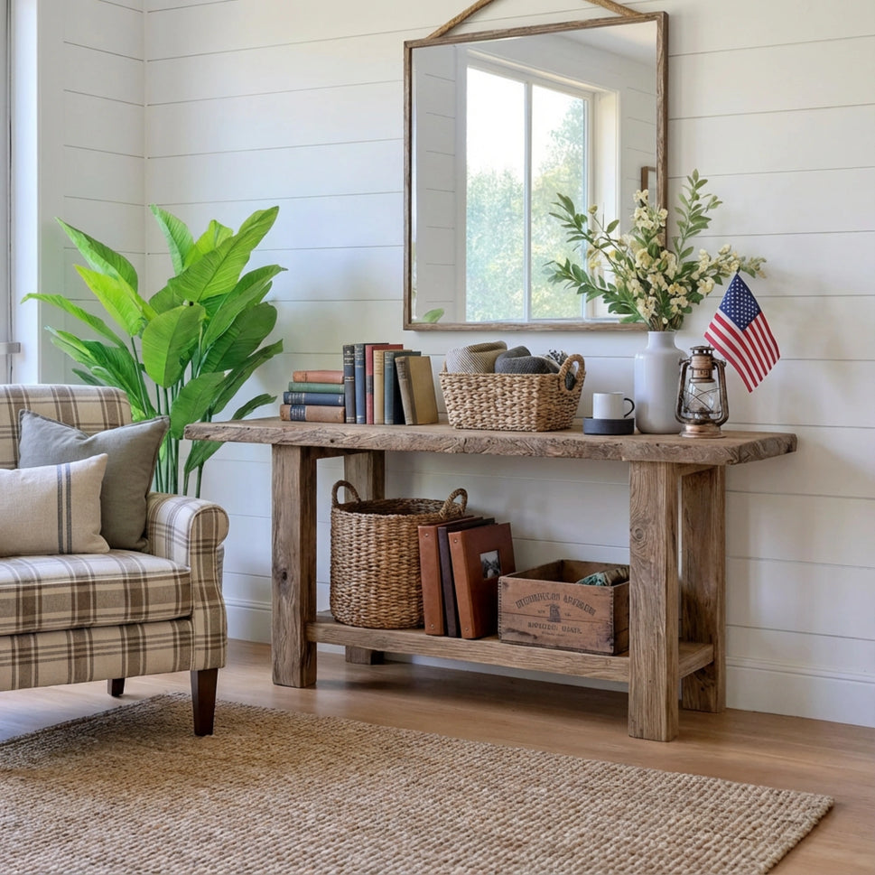 Farmhouse Console Table with Basket Storage - Rustic Entryway Live Edge