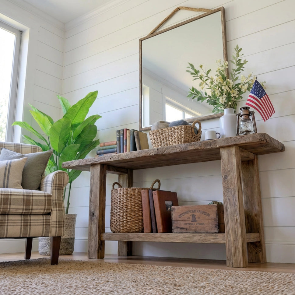 Farmhouse Console Table with Basket Storage - Rustic Entryway Live Edge