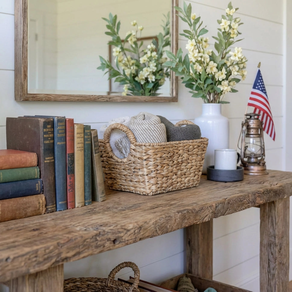 Farmhouse Console Table with Basket Storage - Rustic Entryway Live Edge