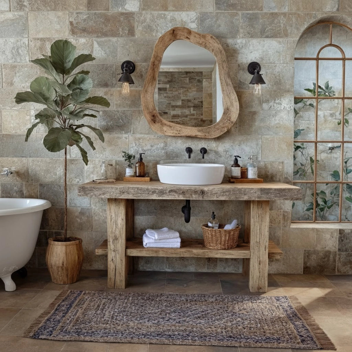 Wide Reclaimed Vanity with White Vessel - Rustic Farmhouse Live Edge