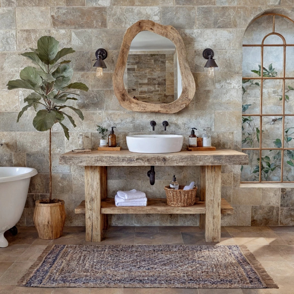 Wide Reclaimed Vanity with White Vessel - Rustic Farmhouse Live Edge