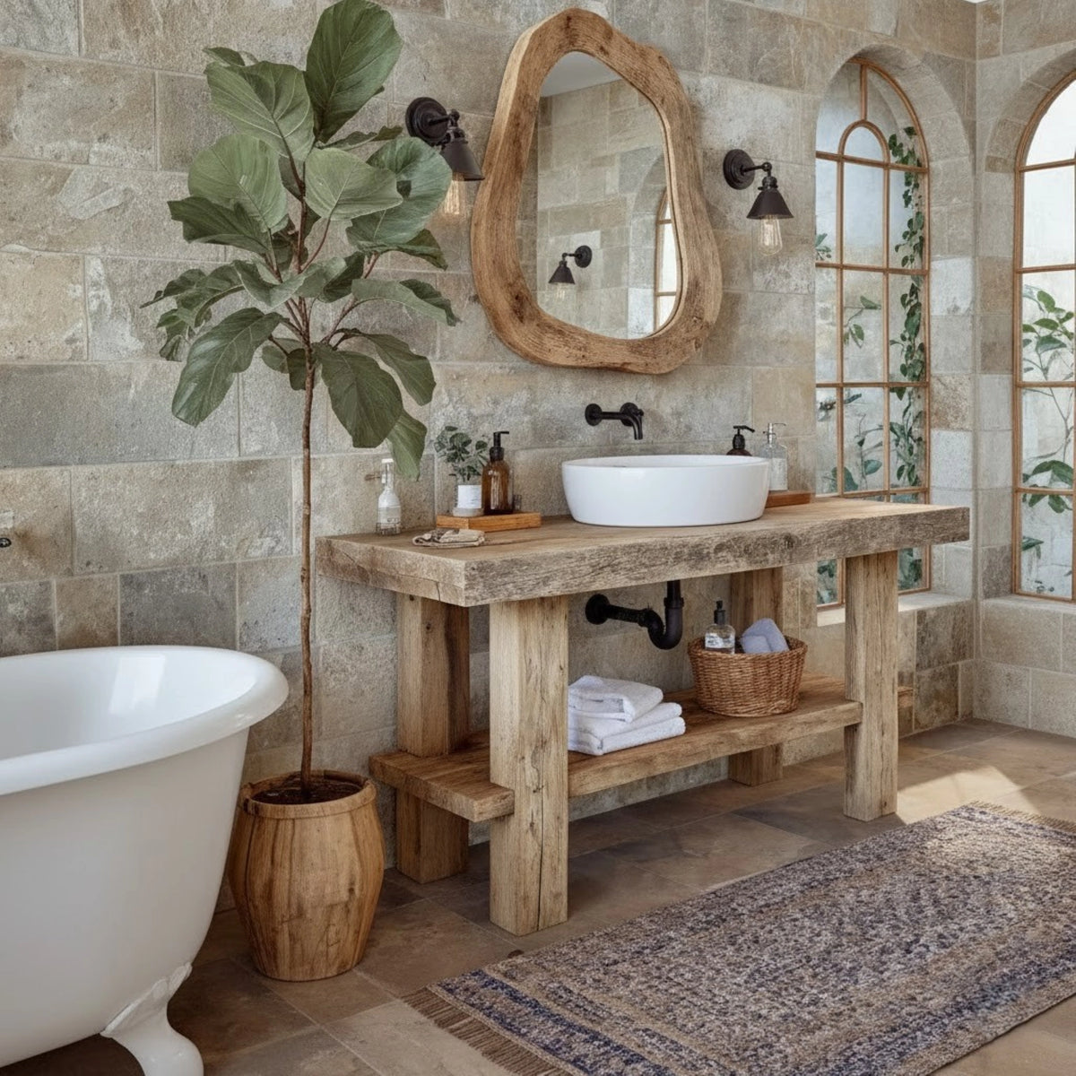 Wide Reclaimed Vanity with White Vessel - Rustic Farmhouse Live Edge