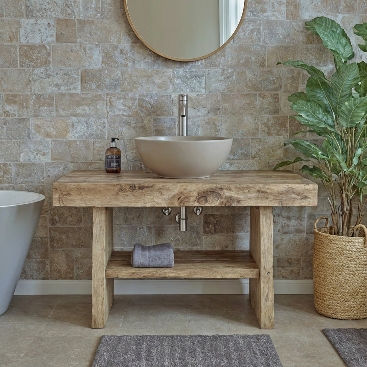 Chunky Rustic Vanity with Oval Basin - Farmhouse Live Edge Reclaimed Wood