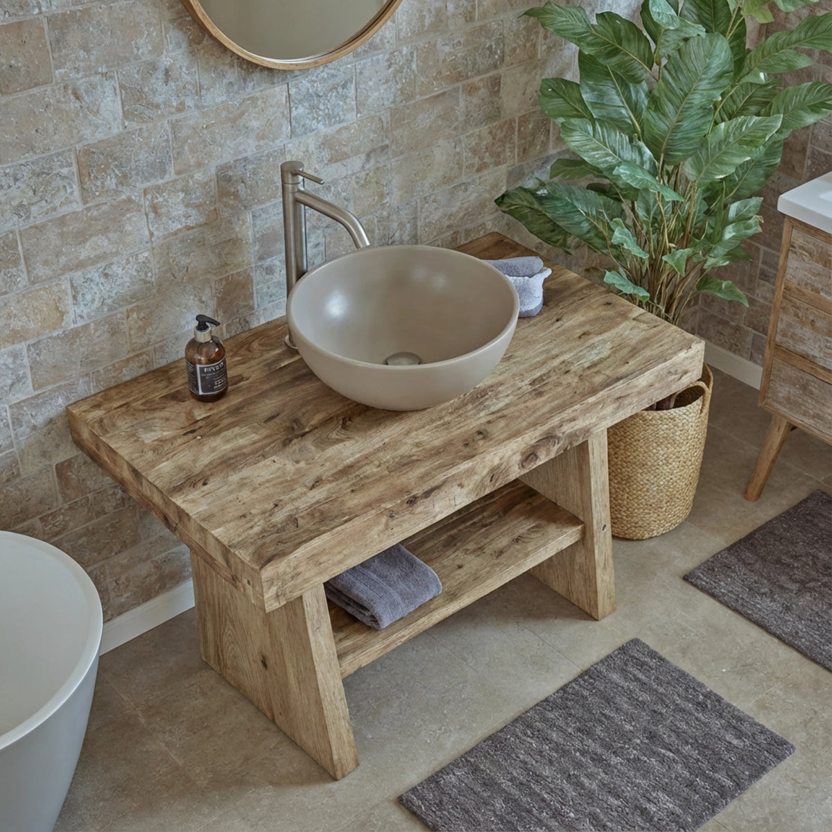Chunky Rustic Vanity with Oval Basin - Farmhouse Live Edge Reclaimed Wood