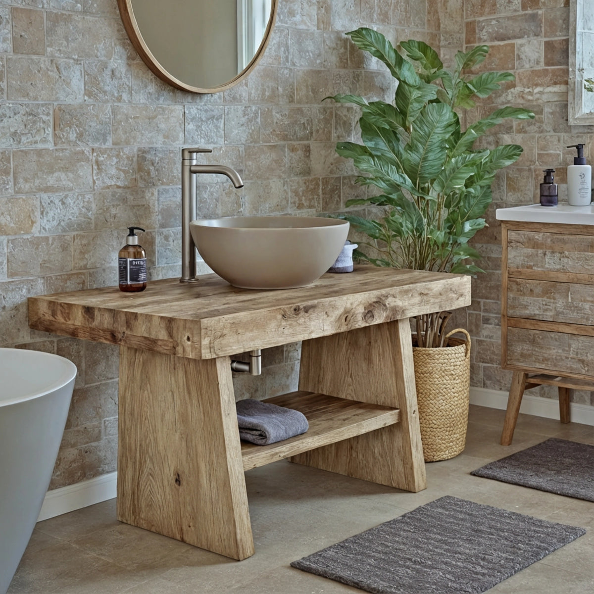 Chunky Rustic Vanity with Oval Basin - Farmhouse Live Edge Reclaimed Wood
