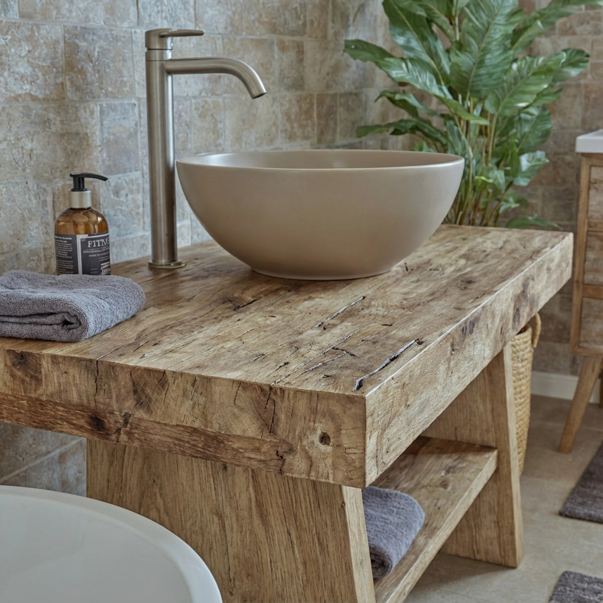 Chunky Rustic Vanity with Oval Basin - Farmhouse Live Edge Reclaimed Wood