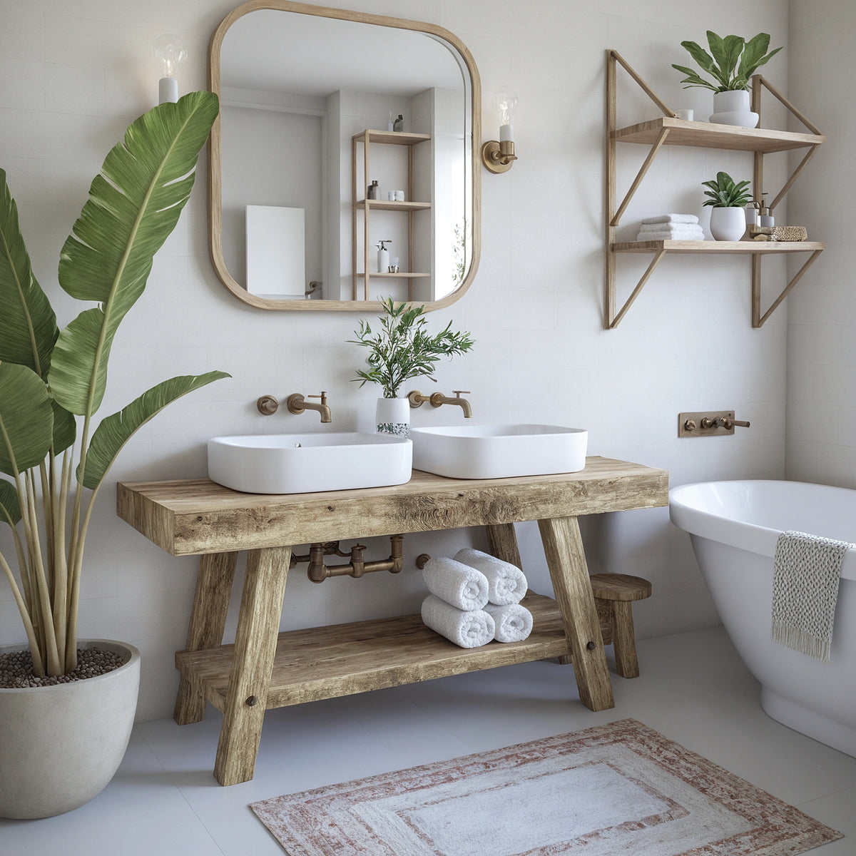 A-Frame Vanity with Twin Rectangular Basins - Rustic Farmhouse Live Edge