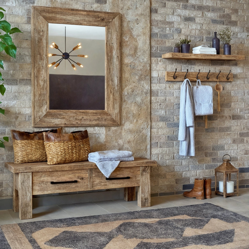 Entryway Bench with Drawer and Shelf - Rustic Live Edge Reclaimed Wood