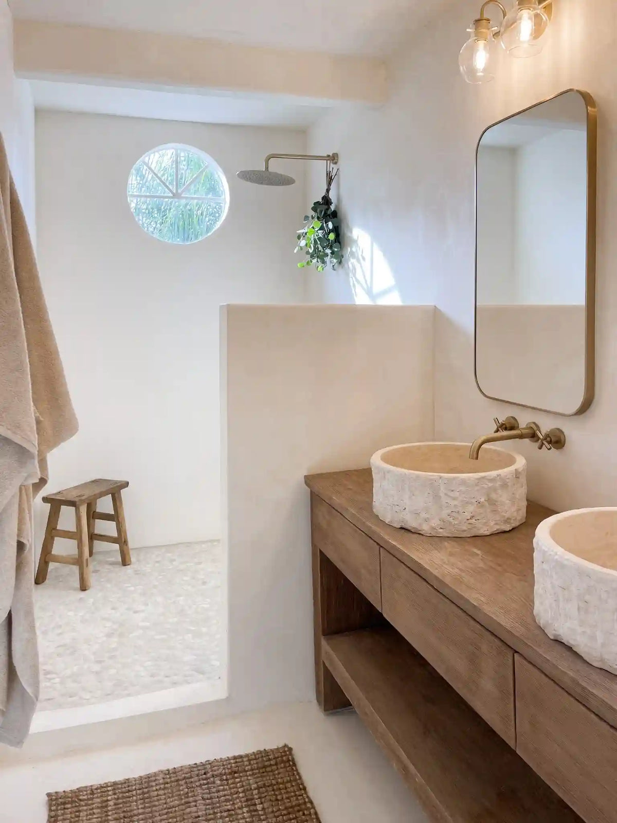 Light Oak Double Vanity with Travertine Basins - Rustic Farmhouse Live Edge