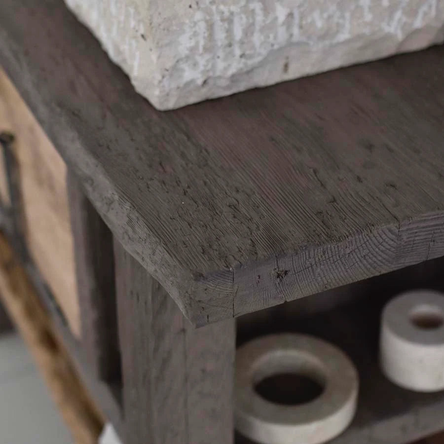 Carved Rustic Vanity with Stone Basin and Drawer - Farmhouse Live Edge Reclaimed Wood
