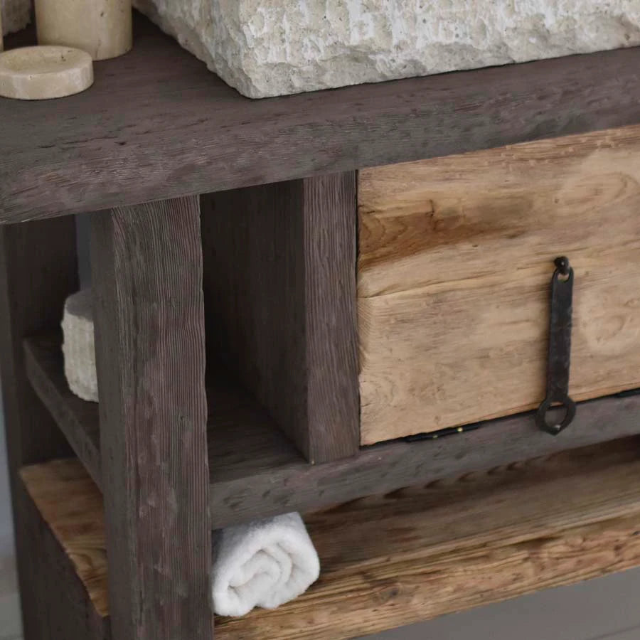 Carved Rustic Vanity with Stone Basin and Drawer - Farmhouse Live Edge Reclaimed Wood