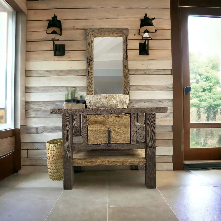 Carved Rustic Vanity with Stone Basin and Drawer - Farmhouse Live Edge Reclaimed Wood