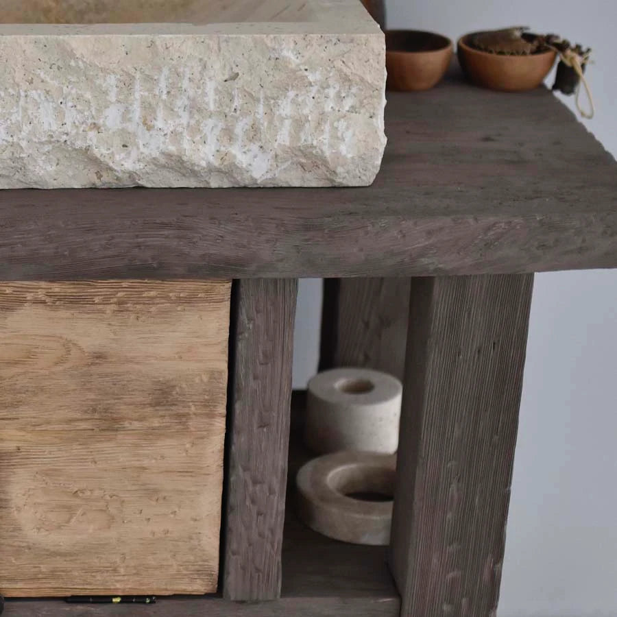 Carved Rustic Vanity with Stone Basin and Drawer - Farmhouse Live Edge Reclaimed Wood