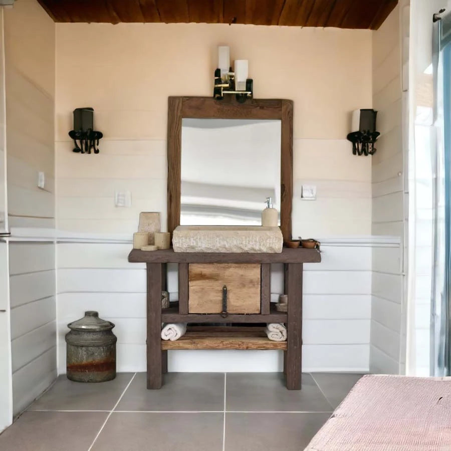 Carved Rustic Vanity with Stone Basin and Drawer - Farmhouse Live Edge Reclaimed Wood