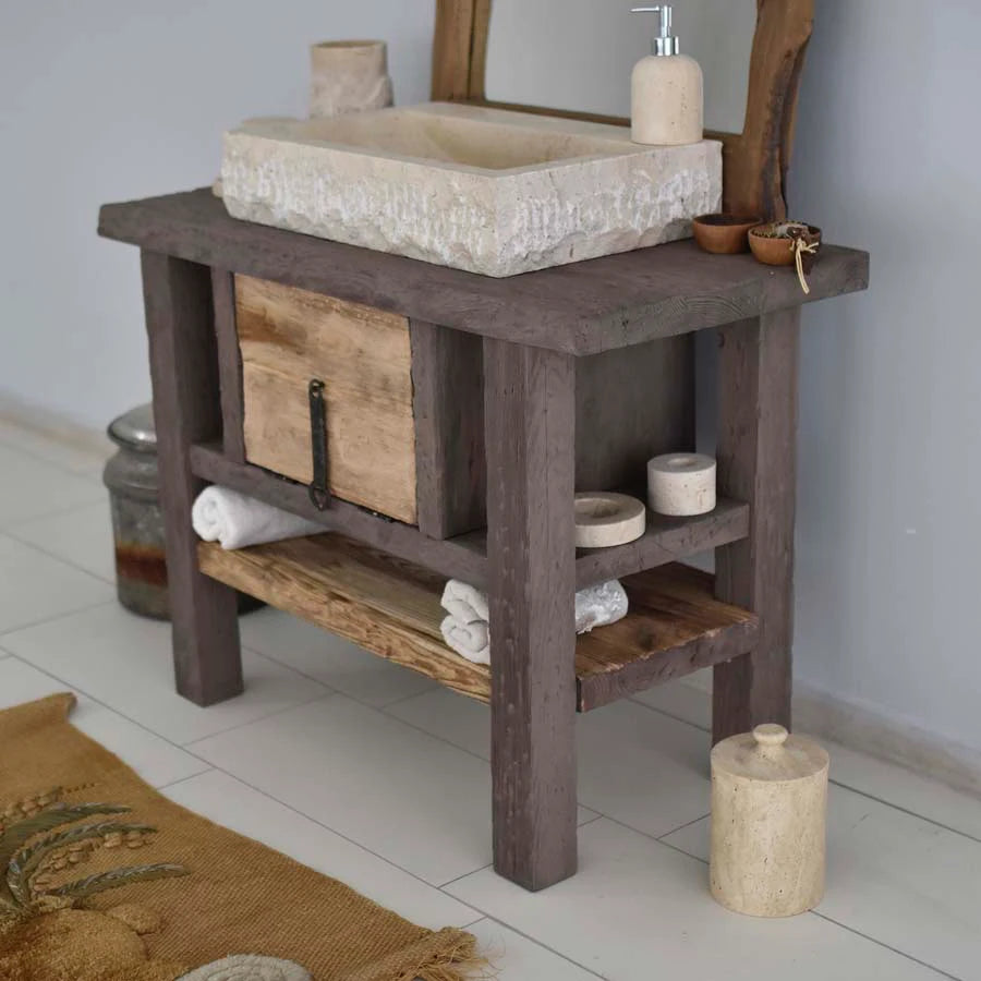 Carved Rustic Vanity with Stone Basin and Drawer - Farmhouse Live Edge Reclaimed Wood