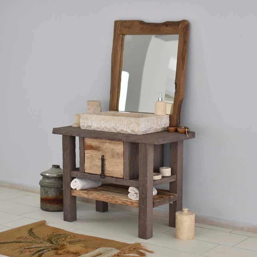 Carved Rustic Vanity with Stone Basin and Drawer - Farmhouse Live Edge Reclaimed Wood
