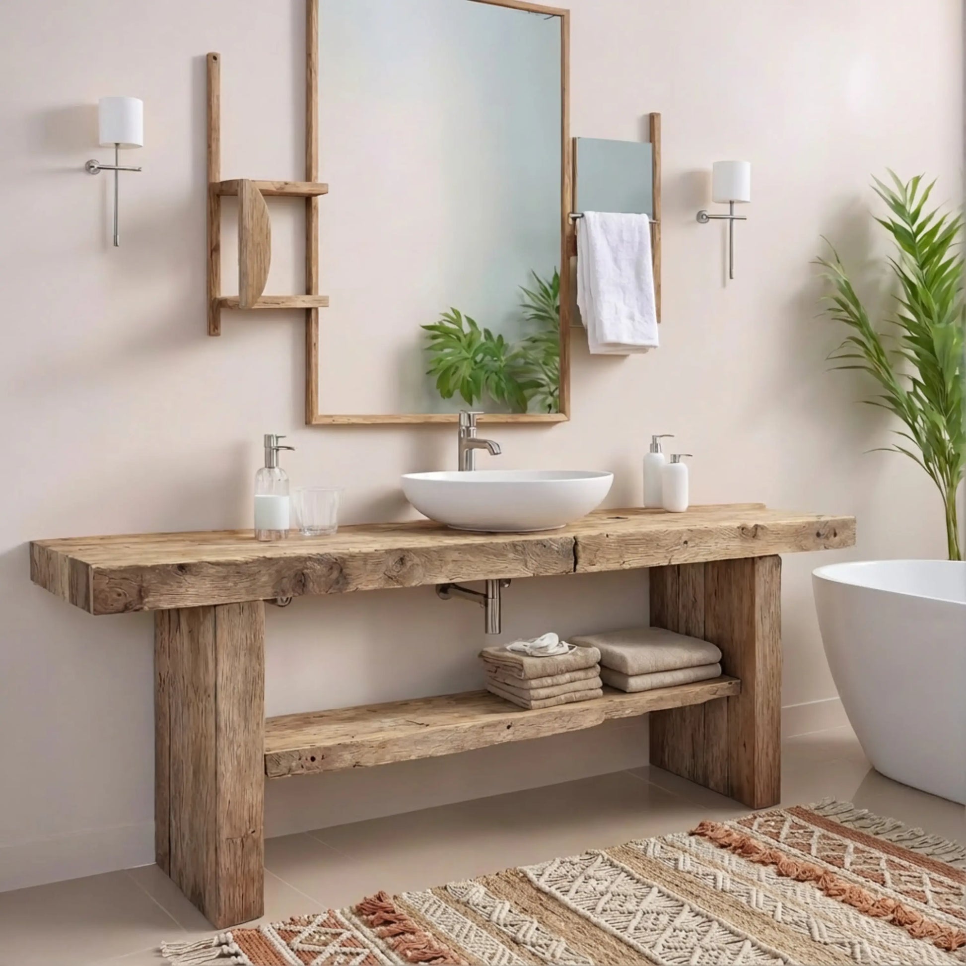 Rustikaler Badezimmer-Waschtisch mit Einzel- oder Doppelwaschbecken – schmales Live Edge-Holz