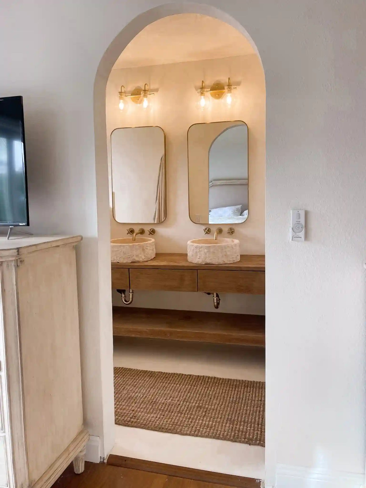 Light Oak Double Vanity with Travertine Basins - Rustic Farmhouse Live Edge