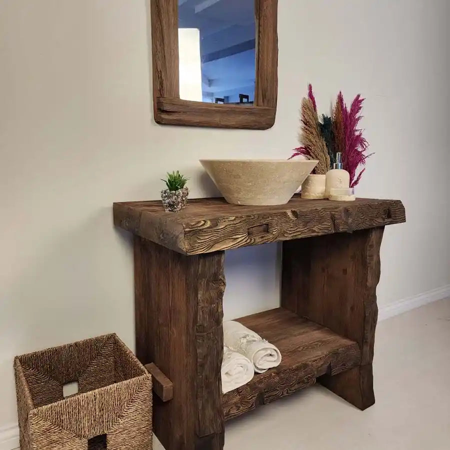Dark Walnut Beam Vanity with Conical Basin - Rustic Farmhouse Live Edge