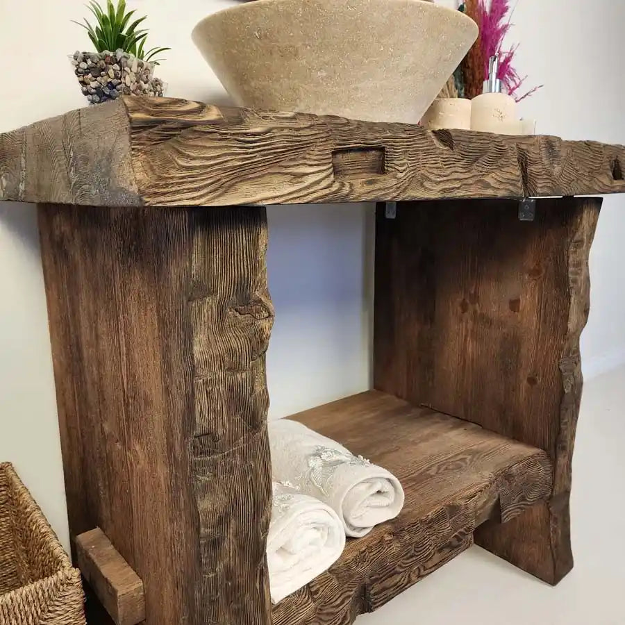 Dark Walnut Beam Vanity with Conical Basin - Rustic Farmhouse Live Edge