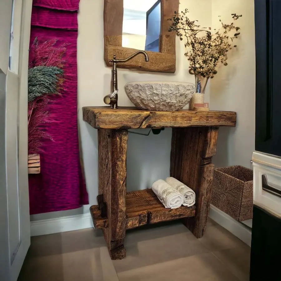 Rustikaler Badezimmer-Waschtisch mit Einzel- oder Doppelwaschbecken – schmales Live Edge-Holz