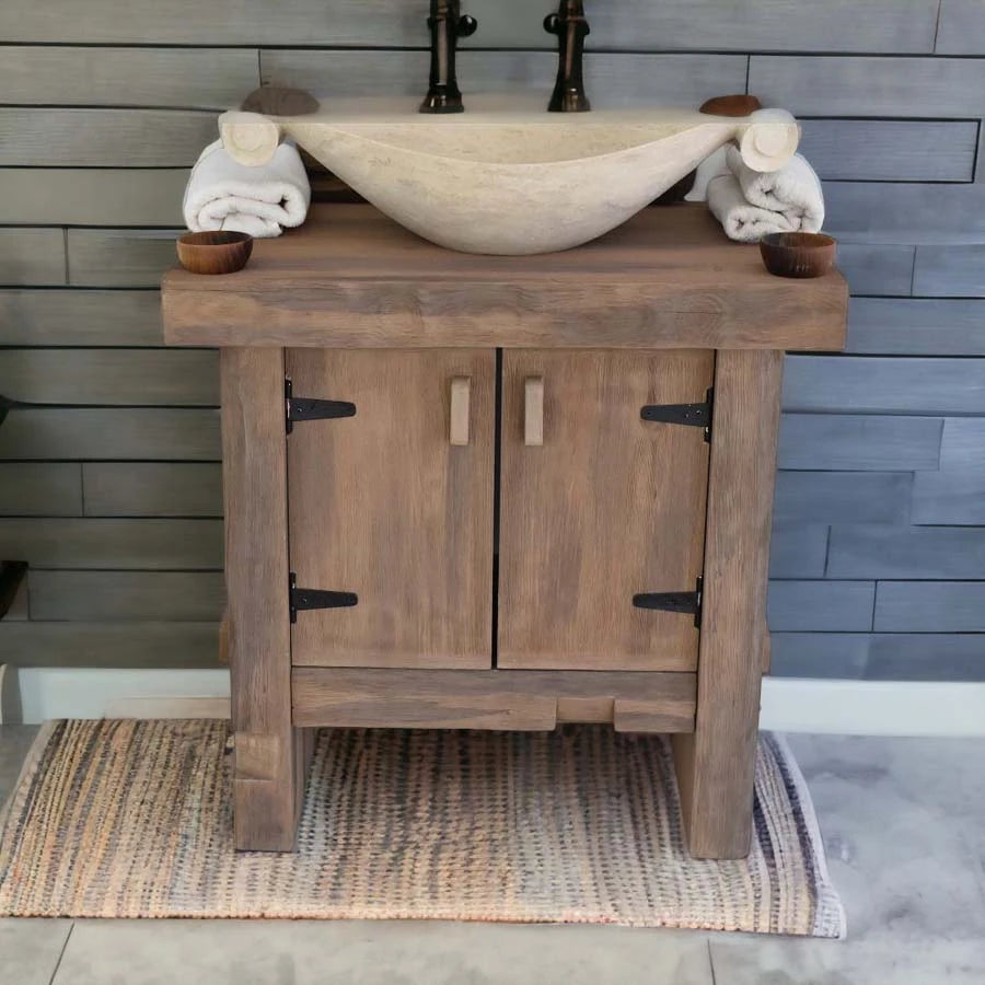 Rustic Cabinet Vanity with Marble Basin - Farmhouse Live Edge Reclaimed Wood