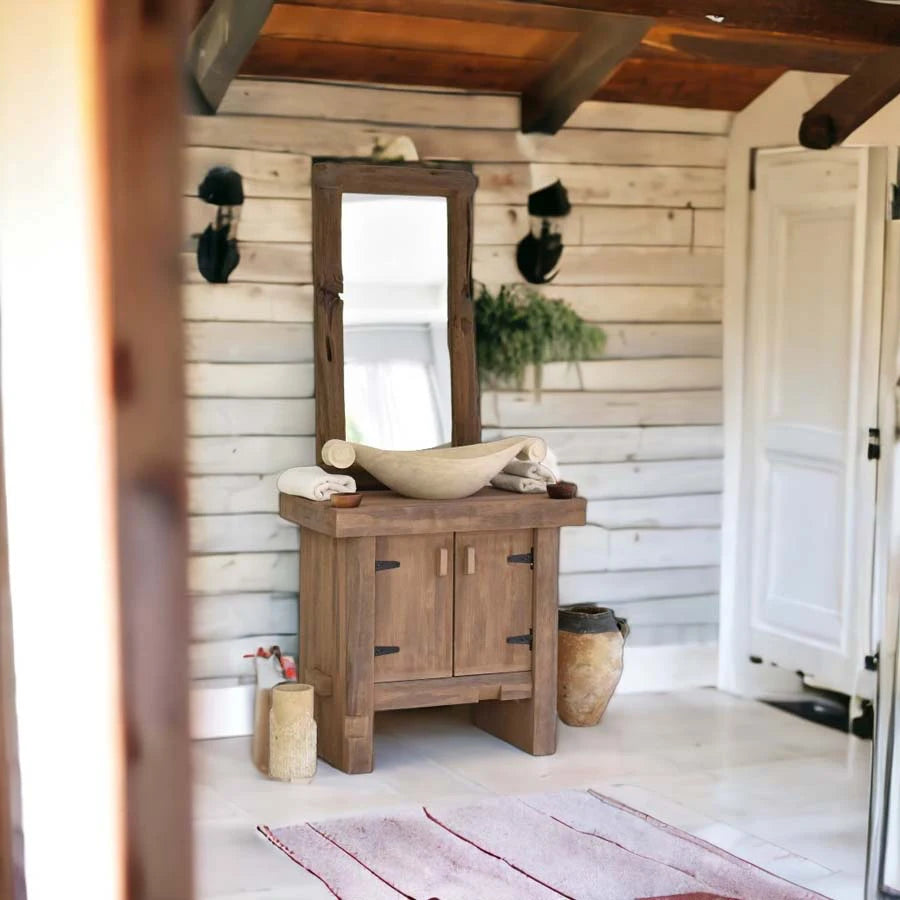 Rustic Cabinet Vanity with Marble Basin - Farmhouse Live Edge Reclaimed Wood