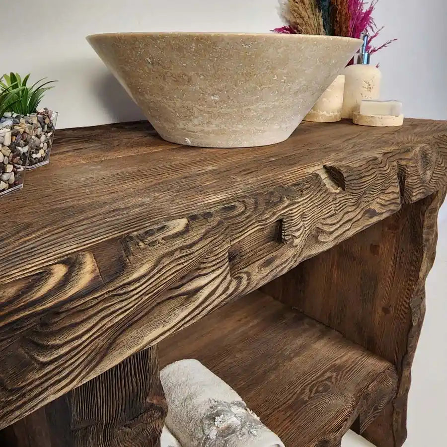 Dark Walnut Beam Vanity with Conical Basin - Rustic Farmhouse Live Edge