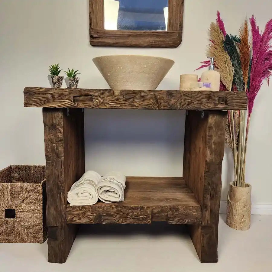 Dark Walnut Beam Vanity with Conical Basin - Rustic Farmhouse Live Edge