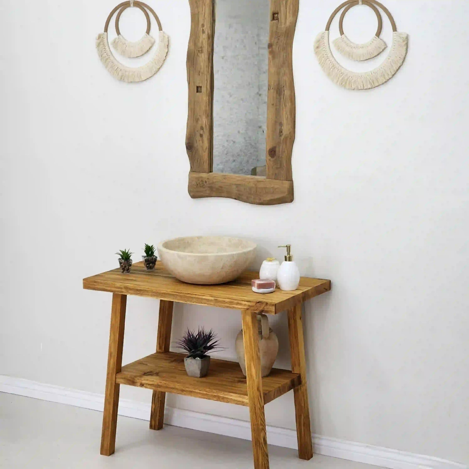 Rustikaler Badezimmer-Waschtisch mit Einzel- oder Doppelwaschbecken – schmales Live Edge-Holz