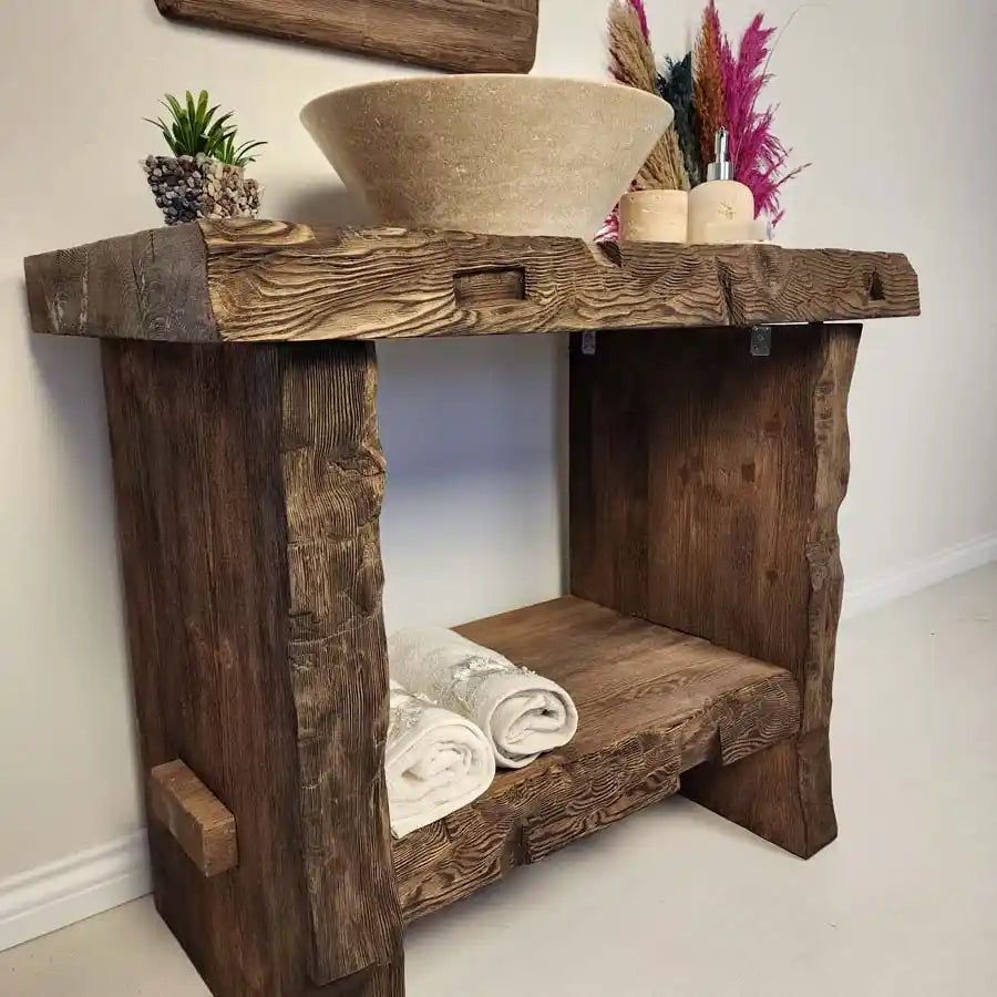 Dark Walnut Beam Vanity with Conical Basin - Rustic Farmhouse Live Edge