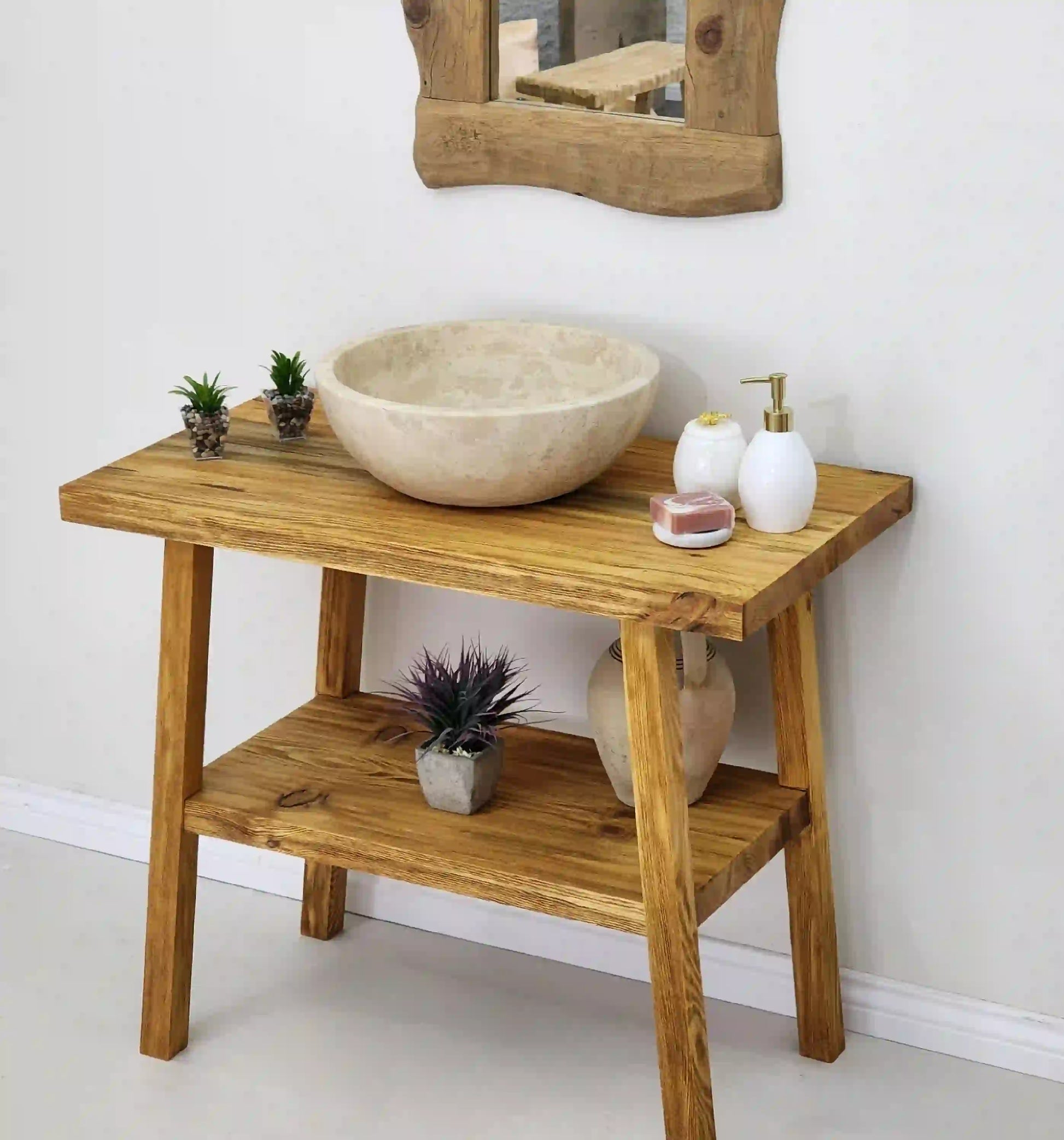 Rustikaler Badezimmer-Waschtisch mit Einzel- oder Doppelwaschbecken – schmales Live Edge-Holz