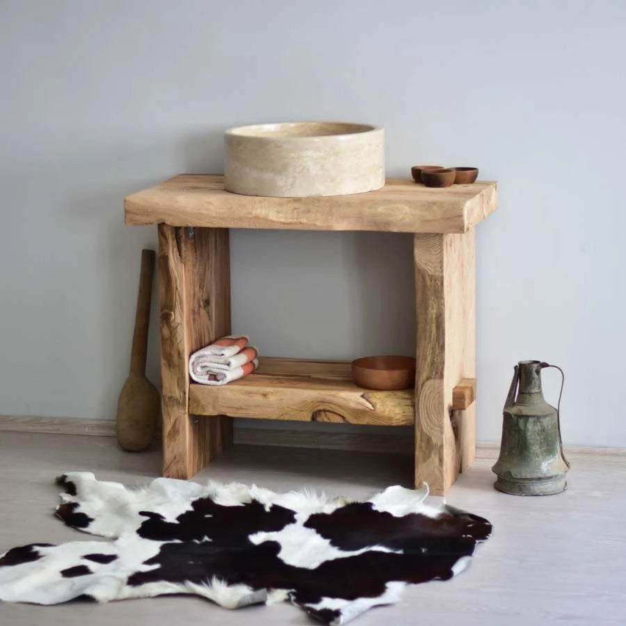 Rustikaler Badezimmer-Waschtisch mit Einzel- oder Doppelwaschbecken – schmales Live Edge-Holz