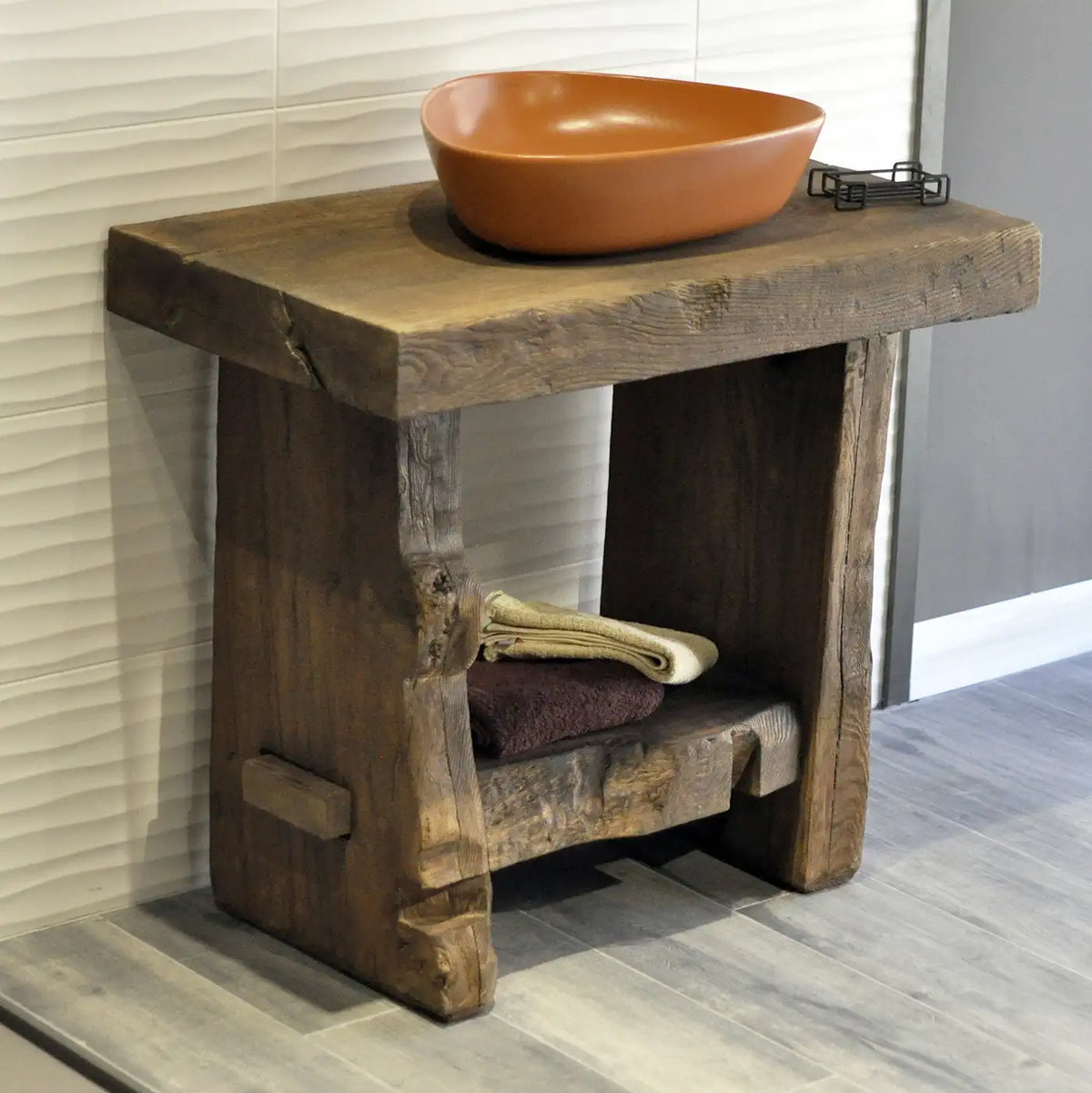 Dark Beam Vanity with Terracotta Vessel Bowl - Rustic Farmhouse Live Edge