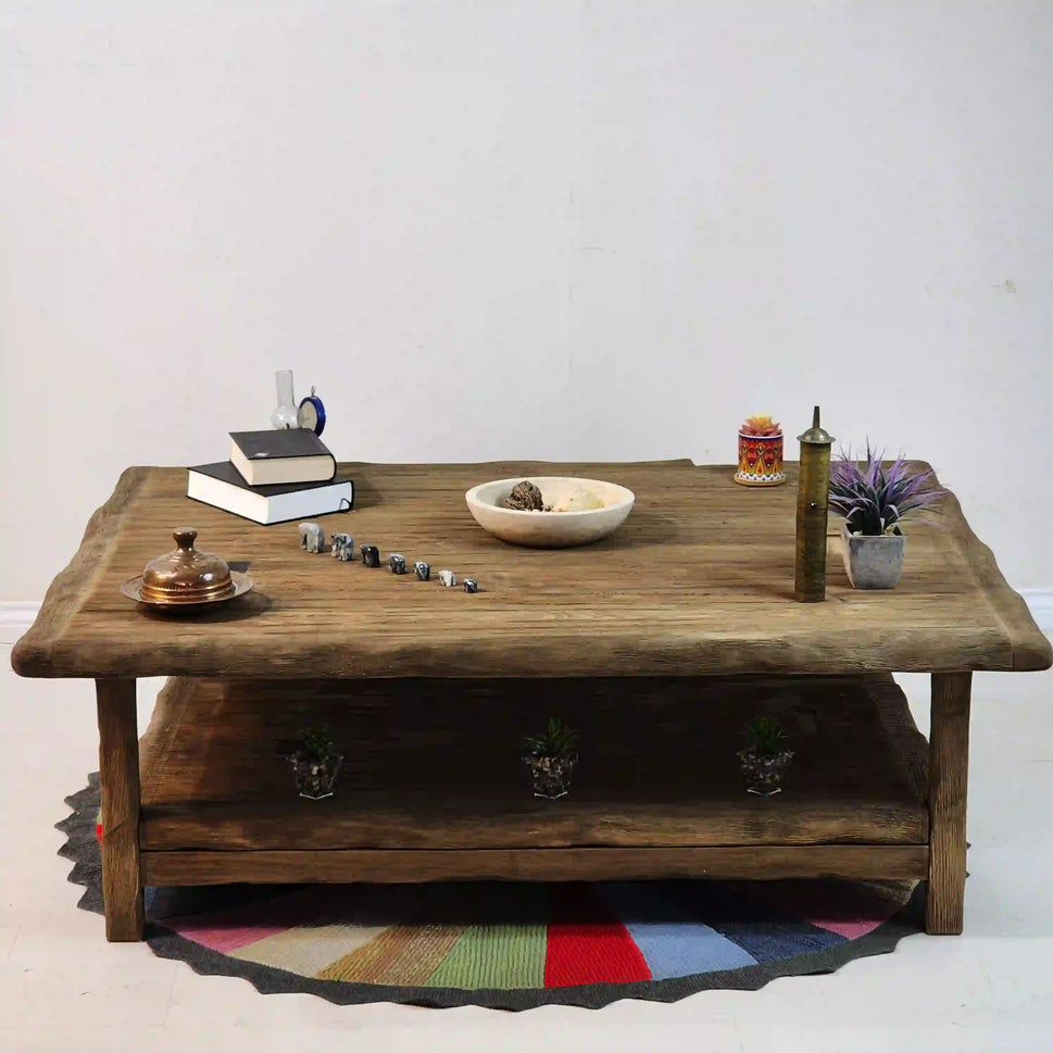 Large Weathered Coffee Table with Lower Shelf - Rustic Farmhouse Live Edge