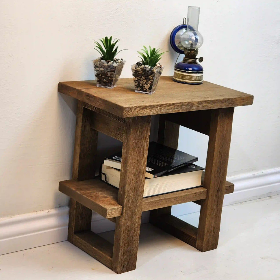 Walnut Side Table with Open Shelves - Rustic Farmhouse Live Edge