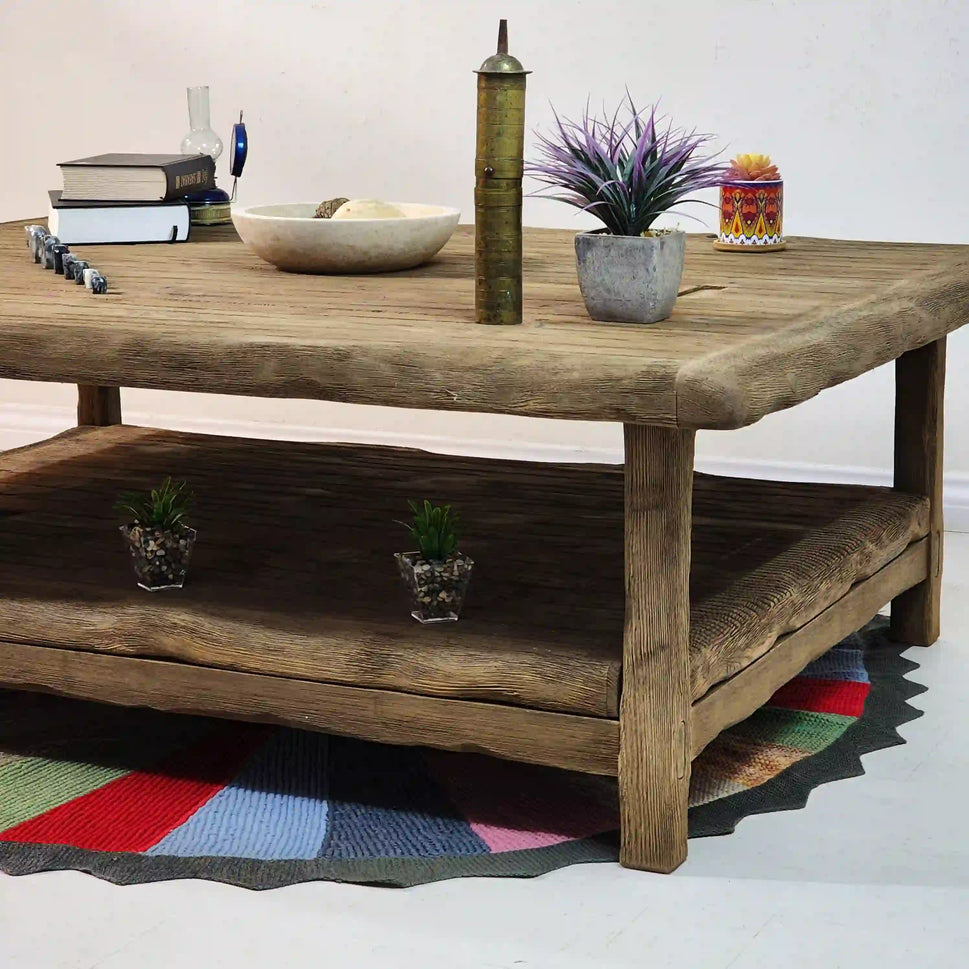 Large Weathered Coffee Table with Lower Shelf - Rustic Farmhouse Live Edge
