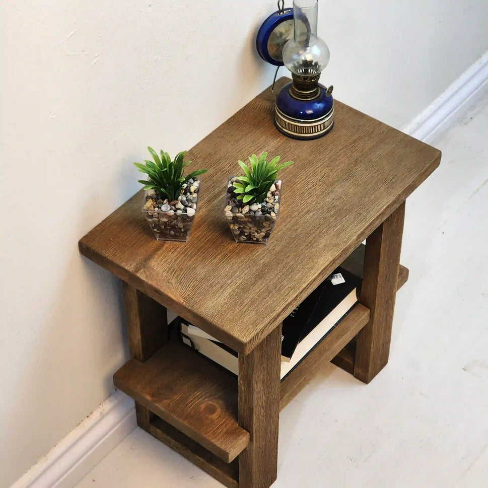 Walnut Side Table with Open Shelves - Rustic Farmhouse Live Edge