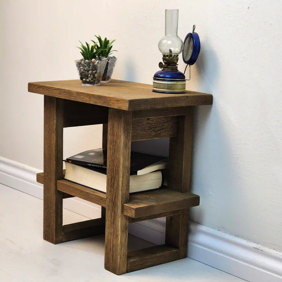 Walnut Side Table with Open Shelves - Rustic Farmhouse Live Edge