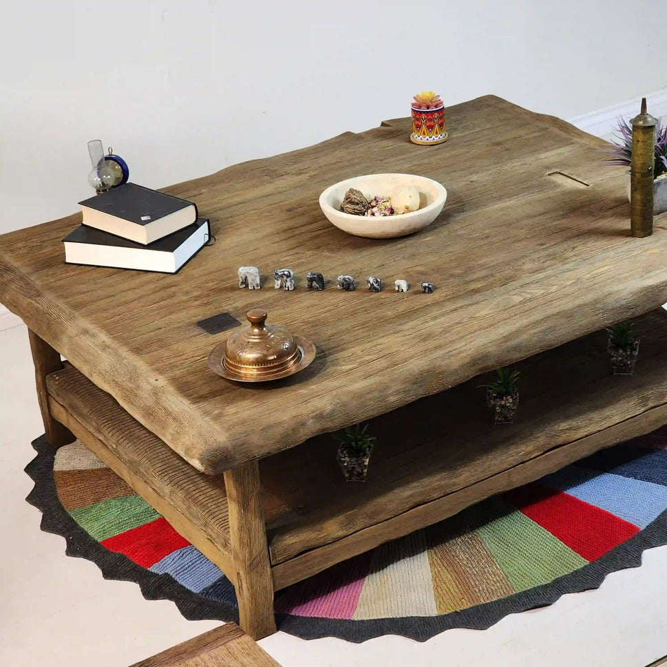 Large Weathered Coffee Table with Lower Shelf - Rustic Farmhouse Live Edge