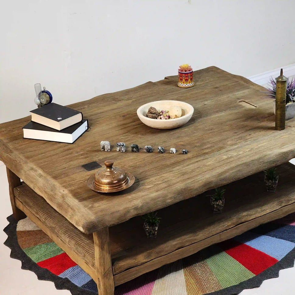 Large Weathered Coffee Table with Lower Shelf - Rustic Farmhouse Live Edge