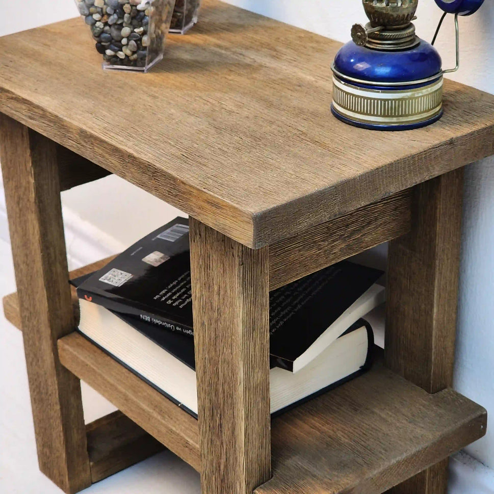 Walnut Side Table with Open Shelves - Rustic Farmhouse Live Edge