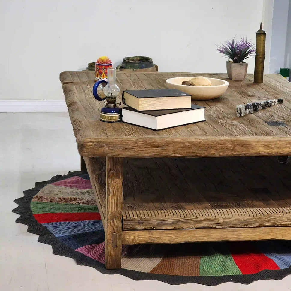 Large Weathered Coffee Table with Lower Shelf - Rustic Farmhouse Live Edge
