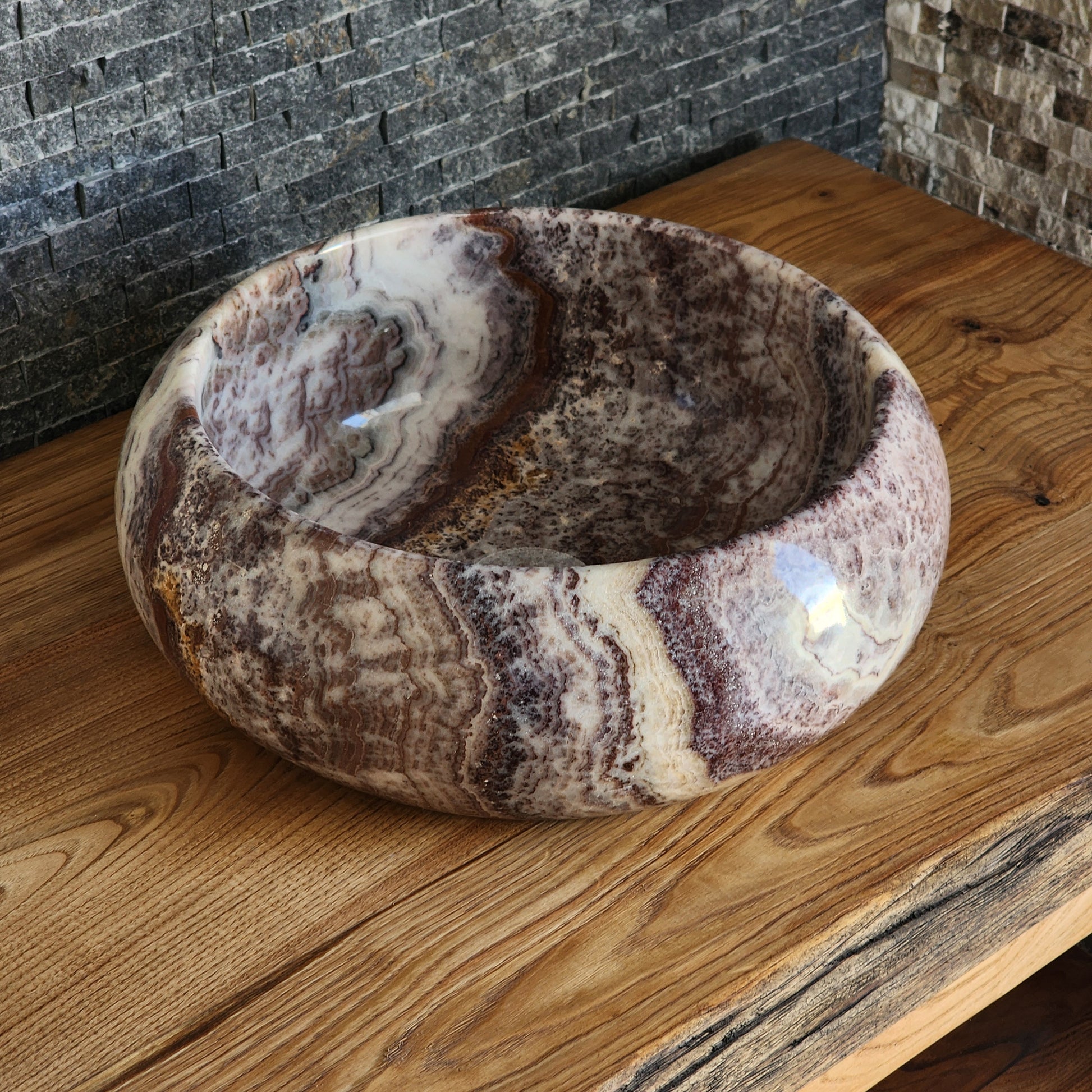 Exotic Striped Onyx Vessel Sink - Hand-Carved Natural Gemstone Basin